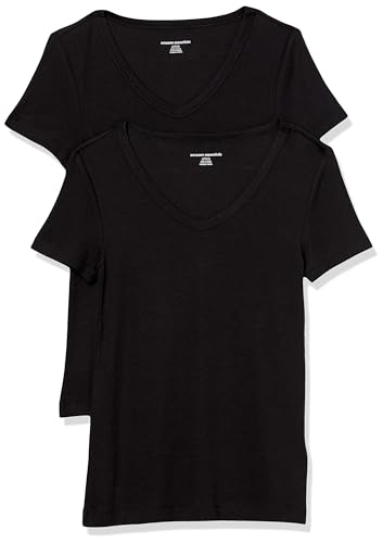 Amazon Essentials Damen Kurzärmeliges T-Shirt mit V-Ausschnitt, Schmale Passform, 2er-Pack, Schwarz, M von Amazon Essentials