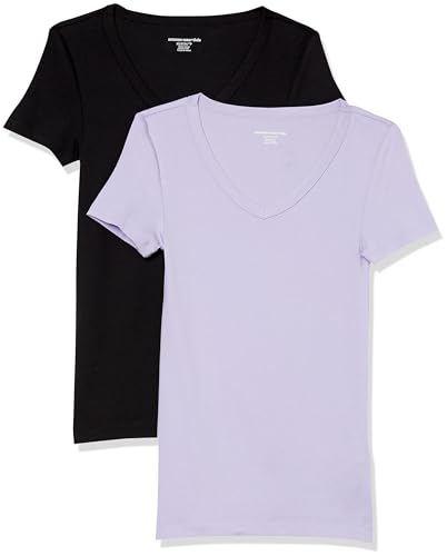 Amazon Essentials Damen Kurzärmeliges T-Shirt mit V-Ausschnitt, Schmale Passform, 2er-Pack, Schwarz/Lavendel, M von Amazon Essentials