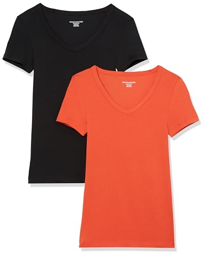 Amazon Essentials Damen Kurzärmeliges T-Shirt mit V-Ausschnitt, Schmale Passform, 2er-Pack, Schwarz/Tomatenrot, XS Amazon Essentials Damen Kurzärmeliges T-Shirt mit V-Ausschnitt, Schmale Passform, 2er-Pack, Schwarz/Tomatenrot, XS von Amazon Essentials