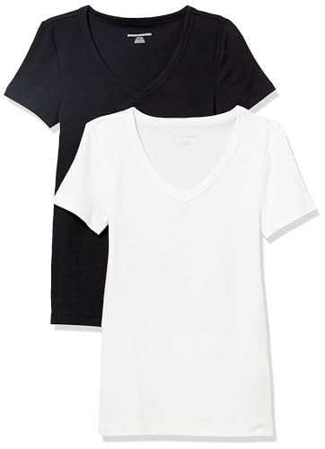 Amazon Essentials Damen Kurzärmeliges T-Shirt mit V-Ausschnitt, Schmale Passform, 2er-Pack, Schwarz/Weiß, L von Amazon Essentials