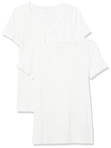 Amazon Essentials Damen Kurzärmeliges T-Shirt mit V-Ausschnitt, Schmale Passform, 2er-Pack, Weiß, M von Amazon Essentials