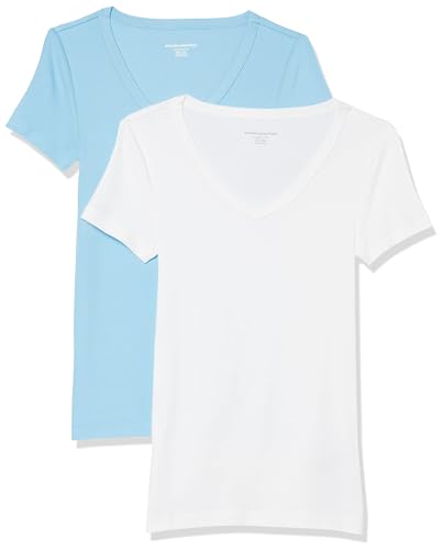 Amazon Essentials Damen Kurzärmeliges T-Shirt mit V-Ausschnitt, Schmale Passform, 2er-Pack, Weiß/Hellblau, XS von Amazon Essentials