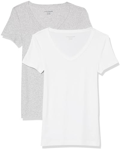 Amazon Essentials Damen Kurzärmeliges T-Shirt mit V-Ausschnitt, Schmale Passform, 2er-Pack, Weiß/Hellgrau Meliert, M von Amazon Essentials