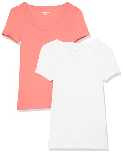 Amazon Essentials Damen Kurzärmeliges T-Shirt mit V-Ausschnitt, Schmale Passform, 2er-Pack, Weiß/Intensive Rosa, L von Amazon Essentials