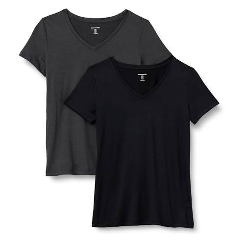 Amazon Essentials Damen Kurzärmeliges T-Shirt mit V-Ausschnitt aus Tech-Stretch-Stoff, 2er-Pack, Graphit Heide/Schwarz, XS Amazon Essentials Damen Kurzärmeliges T-Shirt mit V-Ausschnitt aus Tech-Stretch-Stoff, 2er-Pack, Graphit Heide/Schwarz, XS von Amazon Essentials