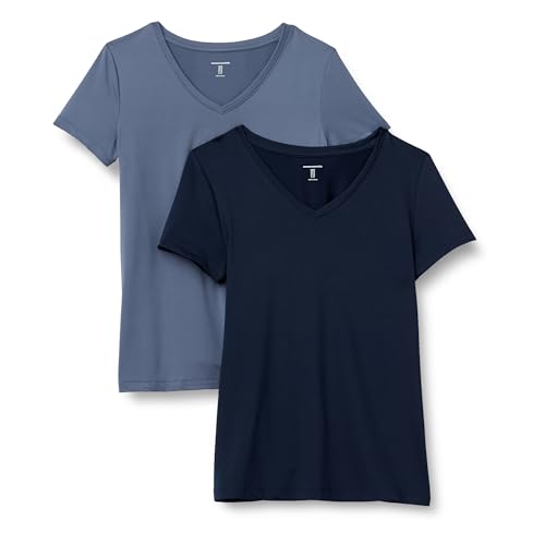 Amazon Essentials Damen Kurzärmeliges T-Shirt mit V-Ausschnitt aus Tech-Stretch-Stoff, 2er-Pack, Marineblau/Schiefergrau, L von Amazon Essentials