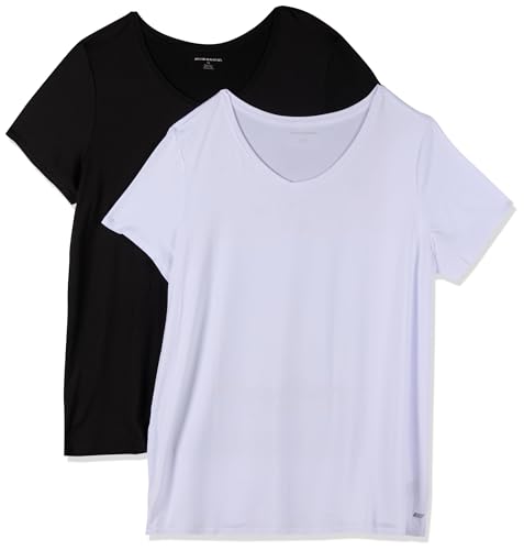 Amazon Essentials Damen Kurzärmeliges T-Shirt mit V-Ausschnitt aus Tech-Stretch-Stoff - Auslauffarben, 2er-Pack, Schwarz/Weiß, 4XL Große Größen von Amazon Essentials
