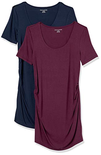 Amazon Essentials Damen Kurzärmeliges Umstands-T-Shirt mit U-Ausschnitt und Raffung, 2er-Pack, Burgunderrot/Marineblau, L von Amazon Essentials