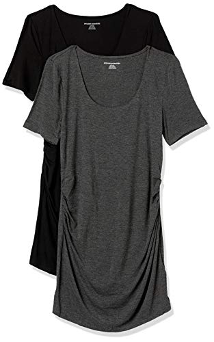 Amazon Essentials Damen Kurzärmeliges Umstands-T-Shirt mit U-Ausschnitt und Raffung, 2er-Pack, Dunkelgrau Meliert/Schwarz, L von Amazon Essentials