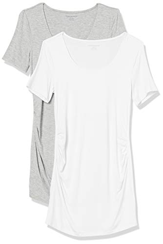 Amazon Essentials Damen Kurzärmeliges Umstands-T-Shirt mit U-Ausschnitt und Raffung, 2er-Pack, Hellgrau Meliert/Weiß, L von Amazon Essentials