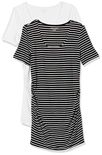 Amazon Essentials Damen Kurzärmeliges Umstands-T-Shirt mit U-Ausschnitt und Raffung, 2er-Pack, Schwarz Streifen/Weiß, XL von Amazon Essentials