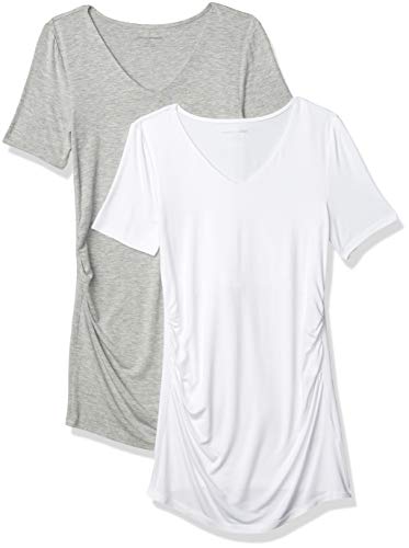 Amazon Essentials Damen Kurzärmeliges Umstands-T-Shirt mit V-Ausschnitt und Raffung, 2er-Pack, Hellgrau Meliert/Weiß, L von Amazon Essentials
