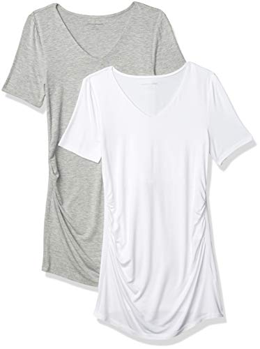 Amazon Essentials Damen Kurzärmeliges Umstands-T-Shirt mit V-Ausschnitt und Raffung, 2er-Pack, Hellgrau Meliert/Weiß, XL von Amazon Essentials