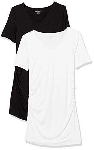 Amazon Essentials Damen Kurzärmeliges Umstands-T-Shirt mit V-Ausschnitt und Raffung, 2er-Pack, Schwarz/Weiß, S von Amazon Essentials