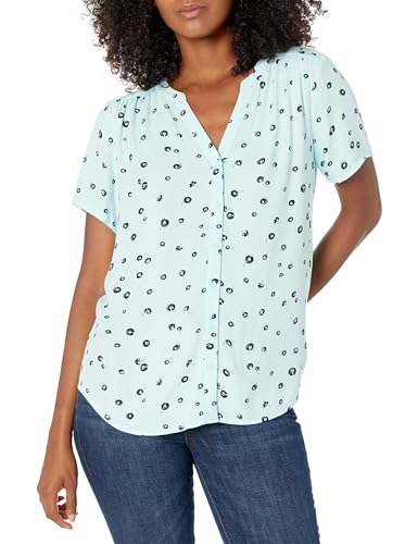 Amazon Essentials Damen Kurzärmlige Webbluse Mit Lockerer Passform, Aquablau Mohnblume, XL von Amazon Essentials