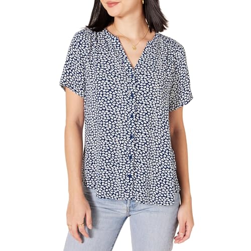 Amazon Essentials Damen Kurzärmlige Webbluse Mit Lockerer Passform, Blau Weiß Blüte, XL von Amazon Essentials
