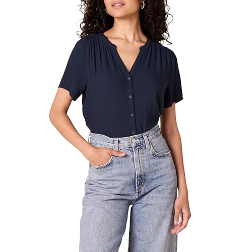 Amazon Essentials Damen Kurzärmlige Webbluse Mit Lockerer Passform, Marineblau, XL von Amazon Essentials