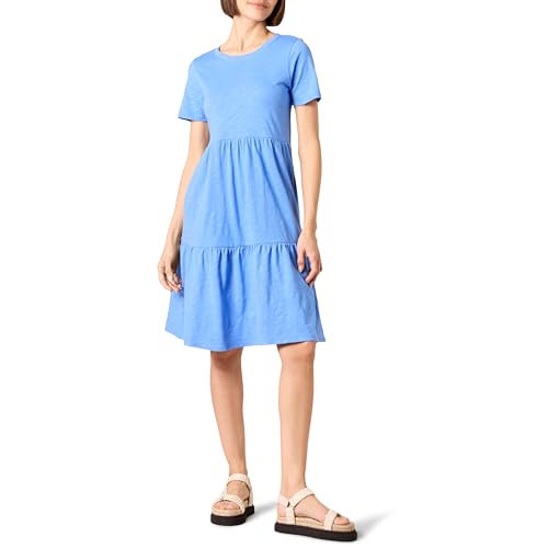 Amazon Essentials Damen Kurzärmliges, gestuftes Kleid mit Rundhalsausschnitt, Blau, L von Amazon Essentials