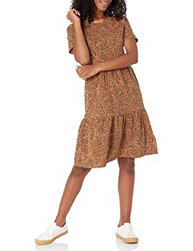 Amazon Essentials Damen Kurzärmliges, gestuftes Kleid mit Rundhalsausschnitt, Dunkles Kamelbraun Leopardenmuster, S von Amazon Essentials