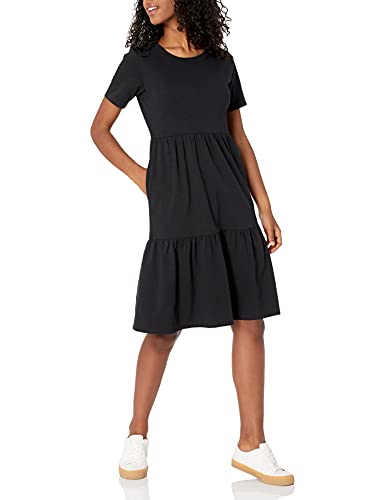 Amazon Essentials Damen Kurzärmliges, gestuftes Kleid mit Rundhalsausschnitt, Schwarz, L von Amazon Essentials
