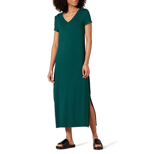 Amazon Essentials Damen Kurzärmliges, mittellanges Jersey-Kleid mit V-Ausschnitt, Dunkelgrün, S von Amazon Essentials