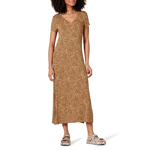 Amazon Essentials Damen Kurzärmliges, mittellanges Jersey-Kleid mit V-Ausschnitt, Dunkles Kamelbraun Tiermuster, XXL von Amazon Essentials