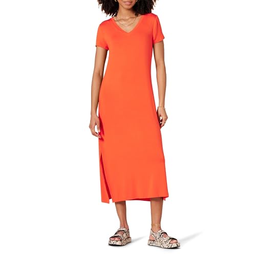Amazon Essentials Damen Kurzärmliges, mittellanges Jersey-Kleid mit V-Ausschnitt, Korallenorange, XS von Amazon Essentials