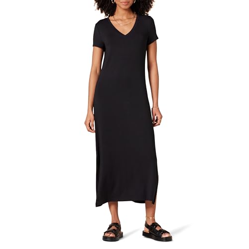 Amazon Essentials Damen Kurzärmliges, mittellanges Jersey-Kleid mit V-Ausschnitt, Schwarz, XXL von Amazon Essentials