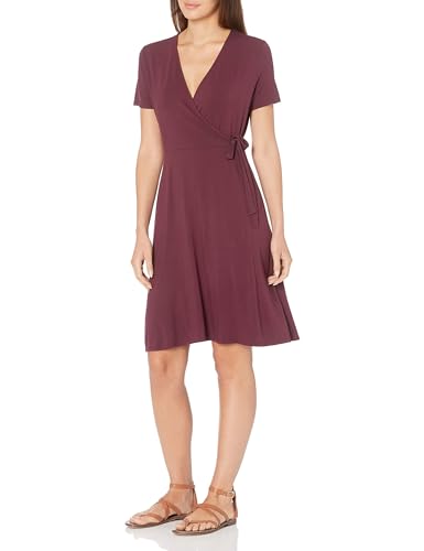 Amazon Essentials Damen Kurzärmliges Kleid mit Wickeloptik, Burgunderrot, M von Amazon Essentials