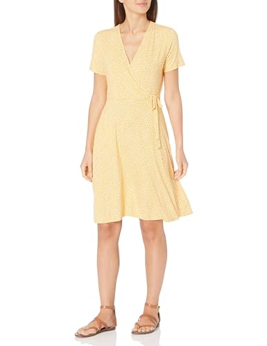Amazon Essentials Damen Kurzärmliges Kleid mit Wickeloptik, Gelb Tulpen, L von Amazon Essentials