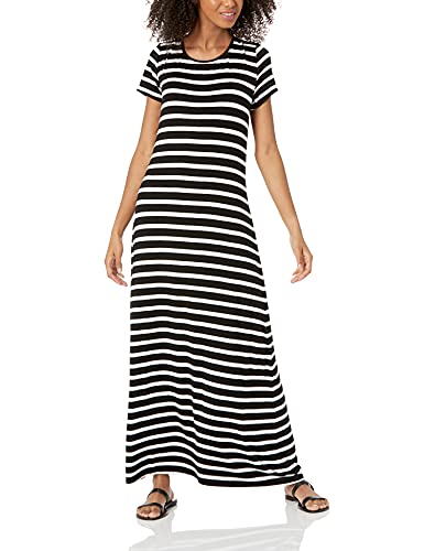 Amazon Essentials Damen Kurzärmliges Maxikleid, Fließend, Schwarz Weiß Bretonstreifen, L von Amazon Essentials