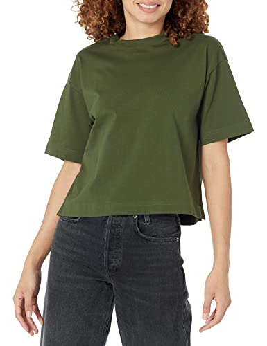 Amazon Essentials Damen Kurzärmliges T-Shirt aus Bio-Baumwolle mit überschnittenen Schultern und Lockerem Boxy-Schnitt (erhältlich in Übergrößen), Dunkles Olivgrün, XL von Amazon Essentials