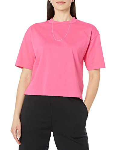 Amazon Essentials Damen Kurzärmliges T-Shirt aus Bio-Baumwolle mit überschnittenen Schultern und Lockerem Boxy-Schnitt (erhältlich in Übergrößen), Neonrosa, L von Amazon Essentials