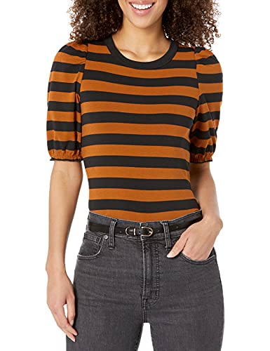 Amazon Essentials Damen Regular-Fit Kurzarm-T-Shirt Rundhalsausschnitt Baumwolle, Schwarz Braun Platzierter Streifen, L von Amazon Essentials