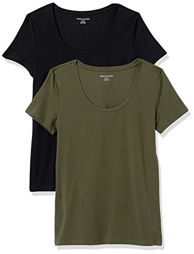 Amazon Essentials Damen Kurzärmliges T-Shirt mit U-Ausschnitt in klassischer Passform (Erhältlich in Übergröße), 2er-Pack, Dunkles Olivgrün/Schwarz, M von Amazon Essentials