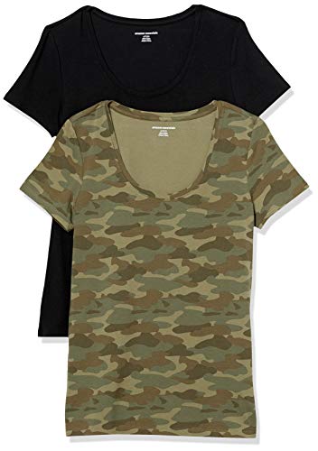 Amazon Essentials Damen Kurzärmliges T-Shirt mit U-Ausschnitt in klassischer Passform (Erhältlich in Übergröße), 2er-Pack, Grün Tarnmuster/Schwarz, L von Amazon Essentials