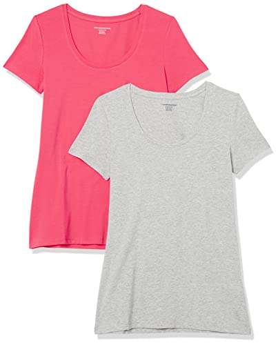 Amazon Essentials Damen Kurzärmliges T-Shirt mit U-Ausschnitt in klassischer Passform (Erhältlich in Übergröße), 2er-Pack, Hellgrau Meliert/Intensive Rosa, L von Amazon Essentials