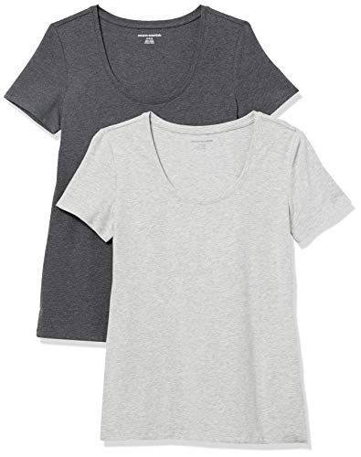 Amazon Essentials Damen Kurzärmliges T-Shirt mit U-Ausschnitt in klassischer Passform (Erhältlich in Übergröße), 2er-Pack, Kohlegrau Meliert/Hellgrau Meliert, L von Amazon Essentials