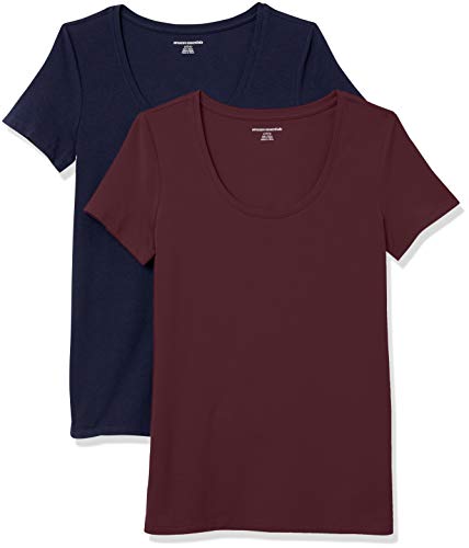 Amazon Essentials Damen Kurzärmliges T-Shirt mit U-Ausschnitt in klassischer Passform (Erhältlich in Übergröße), 2er-Pack, Marineblau/Burgunderrot, XXL von Amazon Essentials