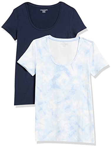Amazon Essentials Damen Kurzärmliges T-Shirt mit U-Ausschnitt in klassischer Passform (Erhältlich in Übergröße), 2er-Pack, Marineblau/Weiß Batik, L von Amazon Essentials