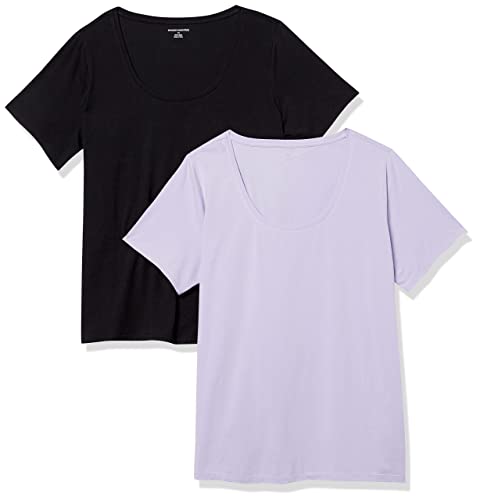 Amazon Essentials Damen Regular-Fit Kurzarm-T-Shirt U-Ausschnitt (In Übergröße Erhältlich), 2er-Pack, Schwarz/Lavendel, M von Amazon Essentials