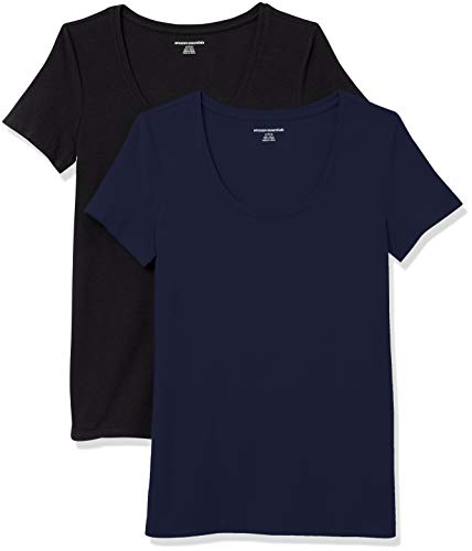 Amazon Essentials Damen Kurzärmliges T-Shirt mit U-Ausschnitt in klassischer Passform (Erhältlich in Übergröße), 2er-Pack, Schwarz/Marineblau, XXL von Amazon Essentials