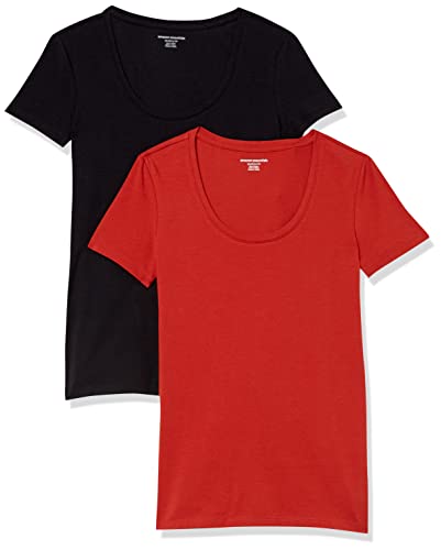 Amazon Essentials Damen Kurzärmliges T-Shirt mit U-Ausschnitt in klassischer Passform (Erhältlich in Übergröße), 2er-Pack, Schwarz/Ziegelrot, XXL von Amazon Essentials