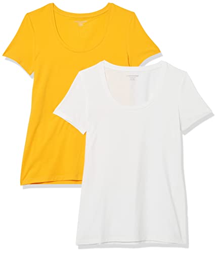Amazon Essentials Damen Kurzärmliges T-Shirt mit U-Ausschnitt in klassischer Passform (Erhältlich in Übergröße), 2er-Pack, Weiß/Goldgelb, L von Amazon Essentials