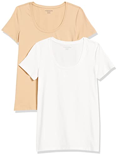 Amazon Essentials Damen Kurzärmliges T-Shirt mit U-Ausschnitt in klassischer Passform (Erhältlich in Übergröße), 2er-Pack, Weiß/Helles Kamelbraun, S von Amazon Essentials