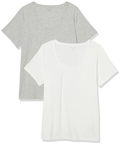 Amazon Essentials Damen Kurzärmliges T-Shirt mit U-Ausschnitt in klassischer Passform (Erhältlich in Übergröße), 2er-Pack, Weiß/Hellgrau Meliert, XS von Amazon Essentials