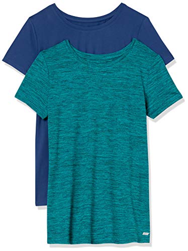 Amazon Essentials Damen Active Quick Dry Tech Stretch Kurzarm-T-Shirt mit Rundhalsausschnitt (in Übergröße erhältlich), 2er-Pack, Blau/Blaugrün Space-dye, S von Amazon Essentials