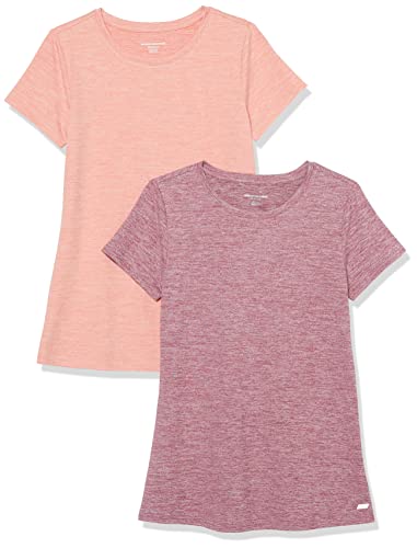 Amazon Essentials Damen Active Quick Dry Tech Stretch Kurzarm-T-Shirt mit Rundhalsausschnitt (in Übergröße erhältlich), 2er-Pack, Lachsrosa Space-dye/Pflaume Space-dye, L von Amazon Essentials