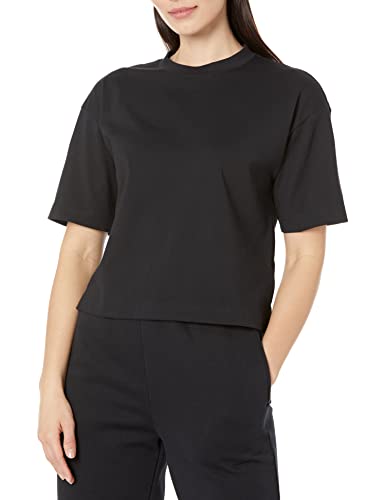 Amazon Essentials Damen Kurzärmliges T-Shirt aus Bio-Baumwolle mit überschnittenen Schultern und Lockerem Boxy-Schnitt (erhältlich in Übergrößen), Schwarz, XL von Amazon Essentials