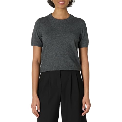 Amazon Essentials Damen Kurzarmpullover-Pullovertop in Regular-Fit, Dunkelgrau Meliert, XS von Amazon Essentials
